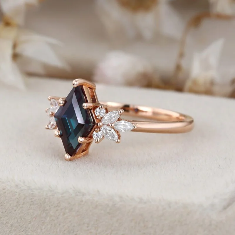 Oval Lab alexandrite engagement ring rose gold factory vintage marquise moissanite ring art deco diamond cluster ring anniversary promise ring