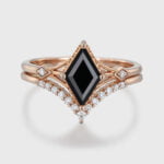 Unique Rhombus Cut Black Onyx Engagement Ring Set Vintage Rose Gold Wedding Ring Bridal Anniversary Gift