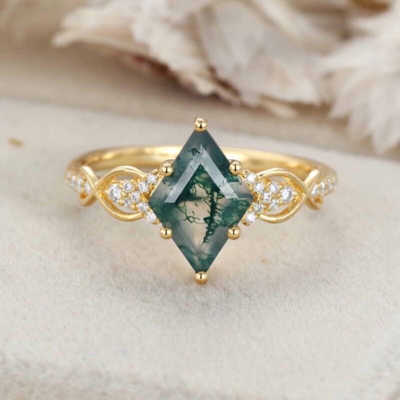 Unique Rhombus Moss Agate Engagement Ring Natural Moss Agate Wedding Ring Vintage 14k Yellow Gold Rings For Women Anniversary Ring