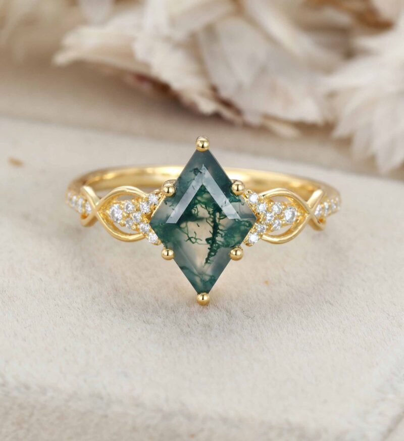 Unique Rhombus Moss Agate Engagement Ring Natural Moss Agate Wedding Ring Vintage 14k Yellow Gold Rings For Women Anniversary Ring