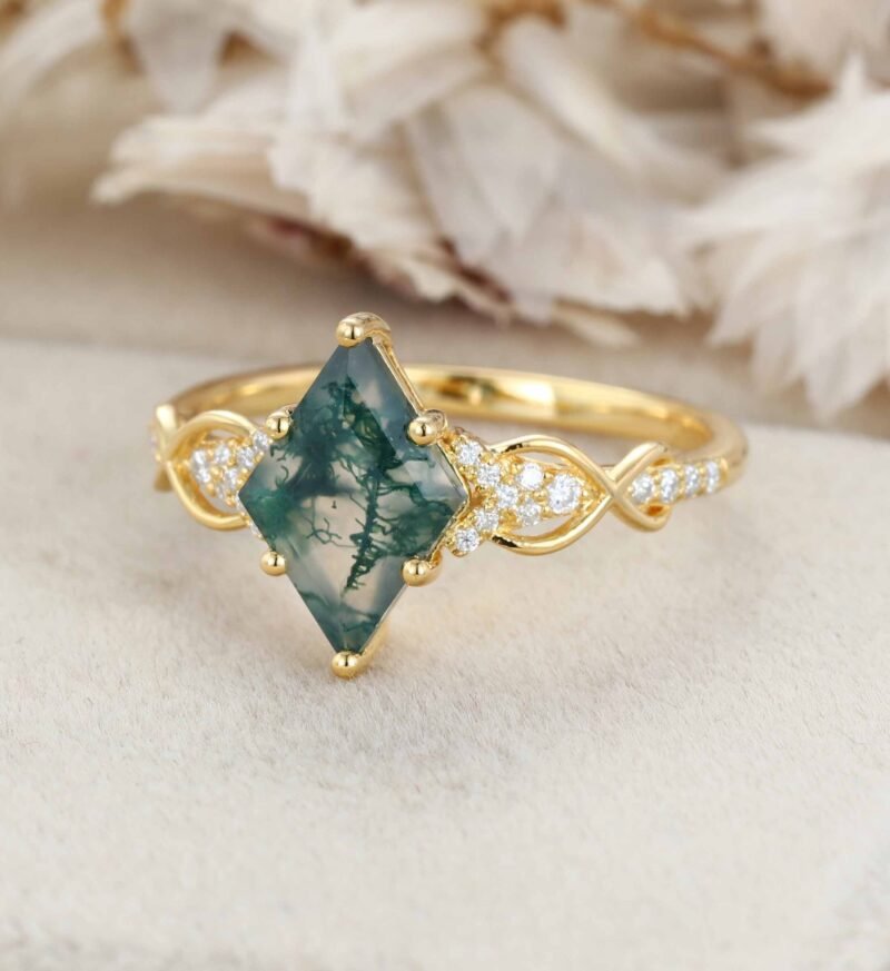 Unique Rhombus Moss Agate Engagement Ring Natural Moss Agate Wedding Ring Vintage 14k Yellow Gold Rings For Women Anniversary Ring