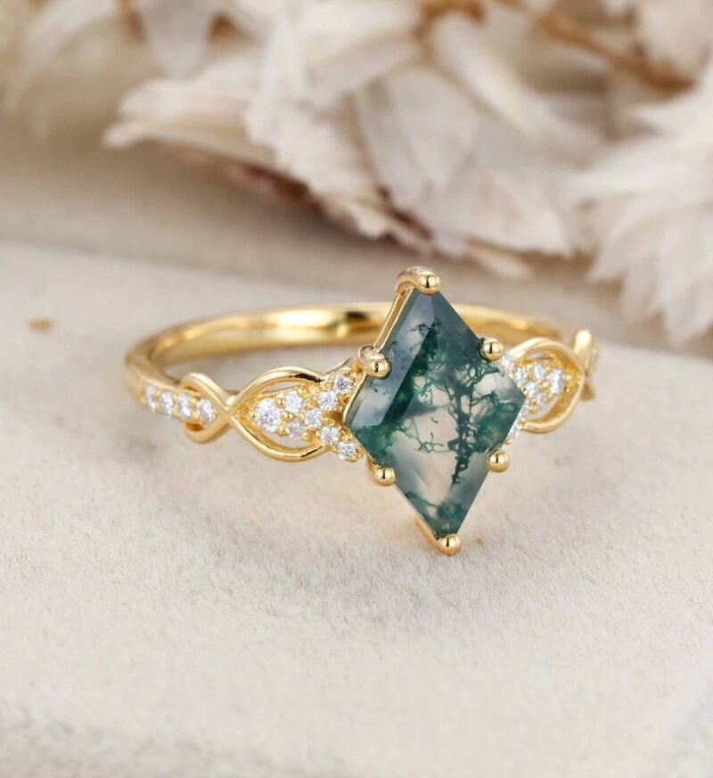 Unique Rhombus Moss Agate Engagement Ring Natural Moss Agate Wedding Ring Vintage 14k Yellow Gold Rings For Women Anniversary Ring