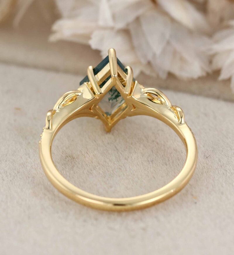 Unique Rhombus Moss Agate Engagement Ring Natural Moss Agate Wedding Ring Vintage 14k Yellow Gold Rings For Women Anniversary Ring