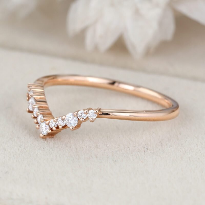 Unique Rose gold moissanite wedding band Curved Diamond wedding ring Vintage wedding band matching band Bridal promise Anniversary gift