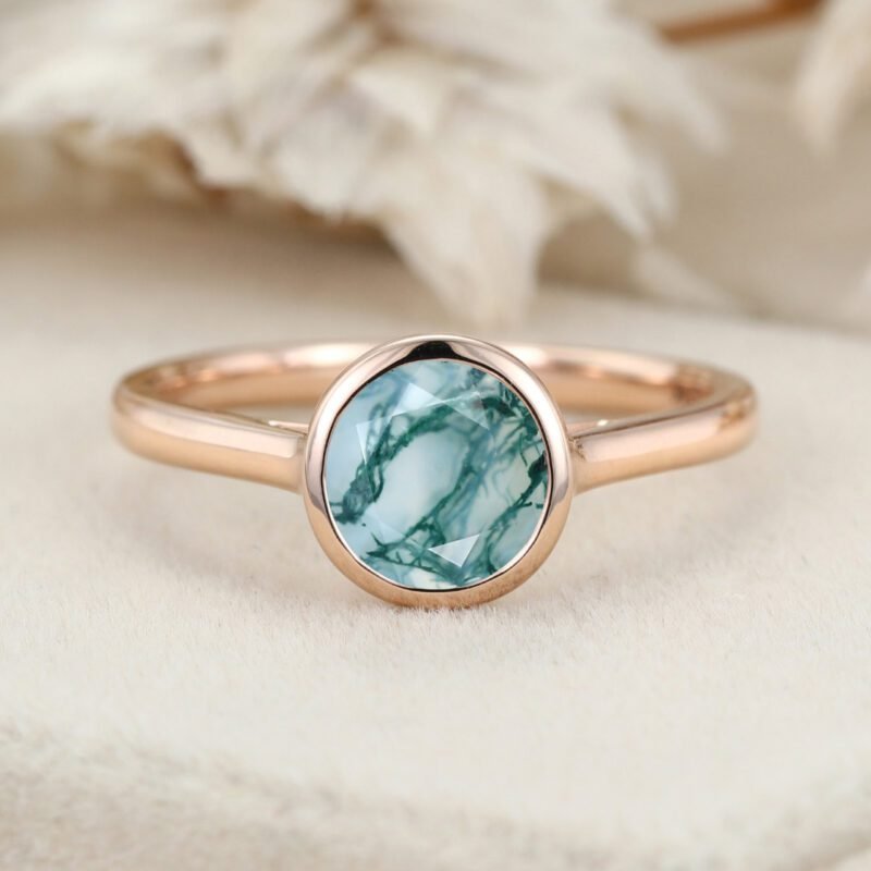 Unique Round Cut Moss Agate Engagement Ring Art Deco Rose Gold Bezel Set Ring Moss Agate Bezel Ring Promise Anniversary Gift ring