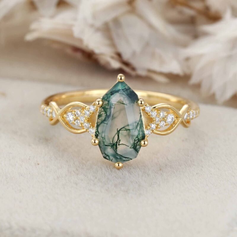 Unique Shield Cut Green Moss Agate Engagement Ring Natural Moss Agate Engagement Ring 14K Yellow Gold Wedding Ring Gift for Women