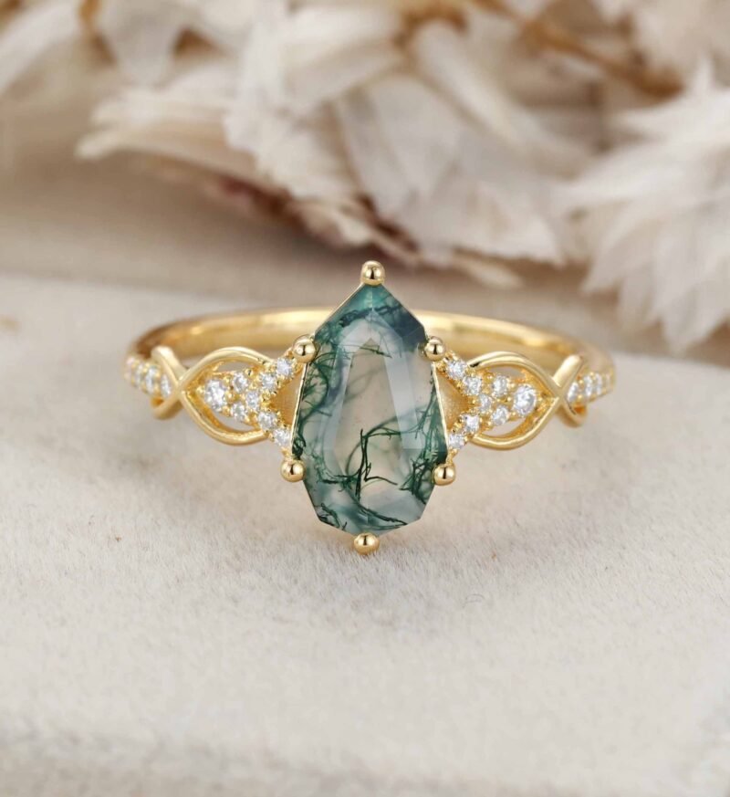 Unique Shield Cut Green Moss Agate Engagement Ring Natural Moss Agate Engagement Ring 14K Yellow Gold Wedding Ring Gift for Women