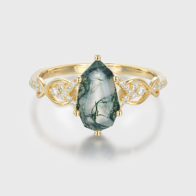 Unique Shield Cut Green Moss Agate Engagement Ring Natural Moss Agate Engagement Ring 14K Yellow Gold Wedding Ring Gift for Women