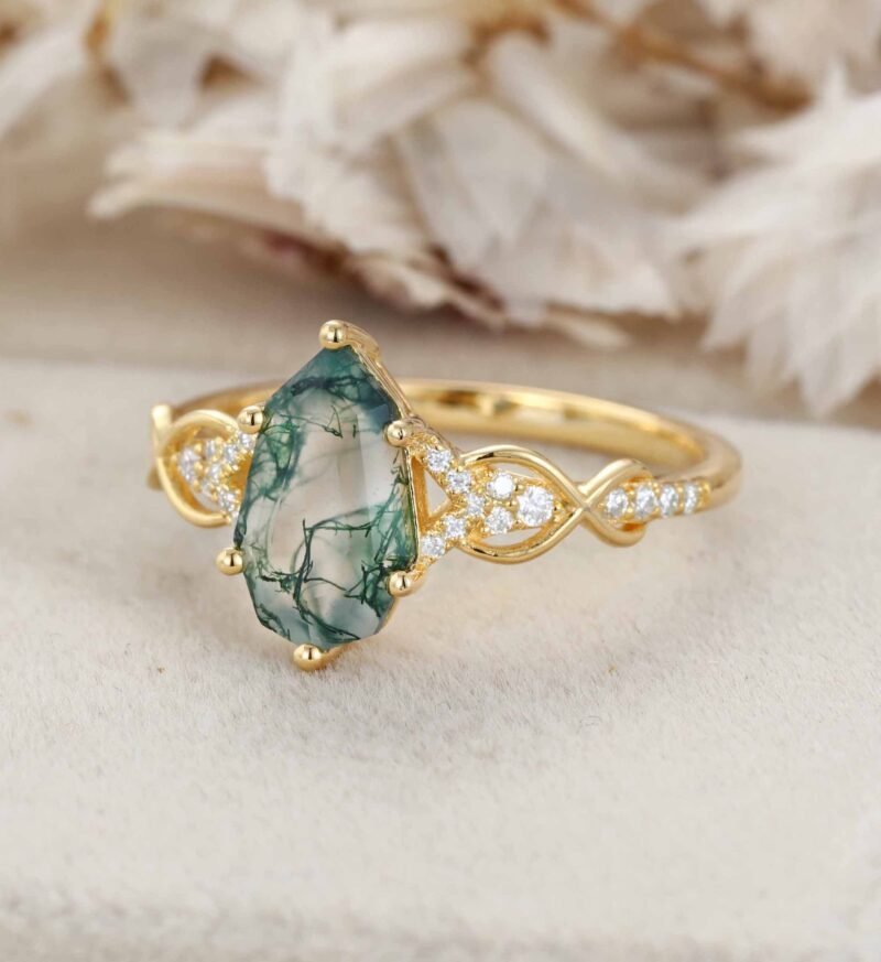 Unique Shield Cut Green Moss Agate Engagement Ring Natural Moss Agate Engagement Ring 14K Yellow Gold Wedding Ring Gift for Women