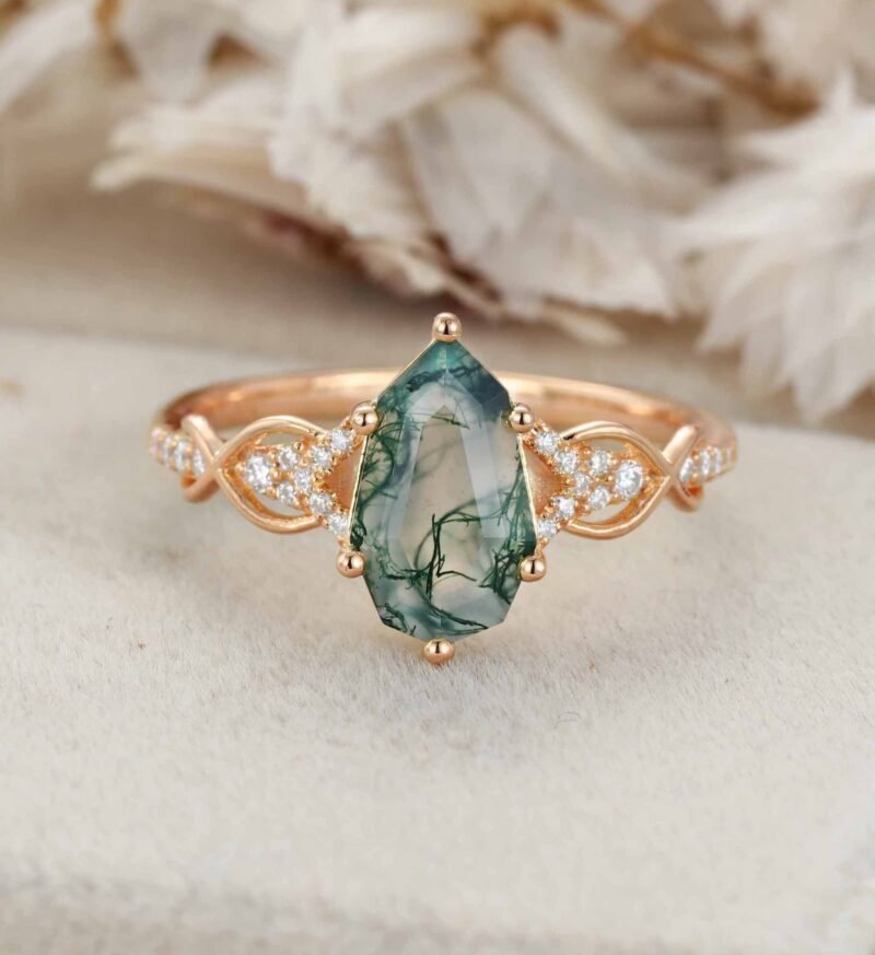 Unique Shield Cut Green Moss Agate Engagement Ring Natural Moss Agate Engagement Ring 14K Yellow Gold Wedding Ring Gift for Women