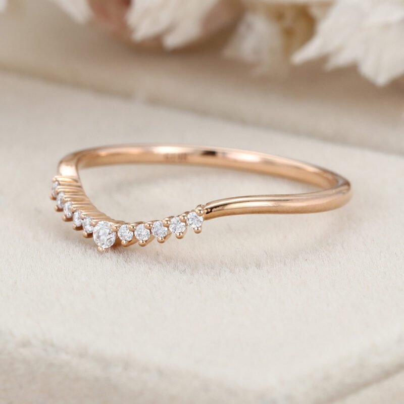 Unique Simple Diamond wedding band women Stacking ring Rose gold Curved wedding band Handmade Matching band custom Promise gift for her
