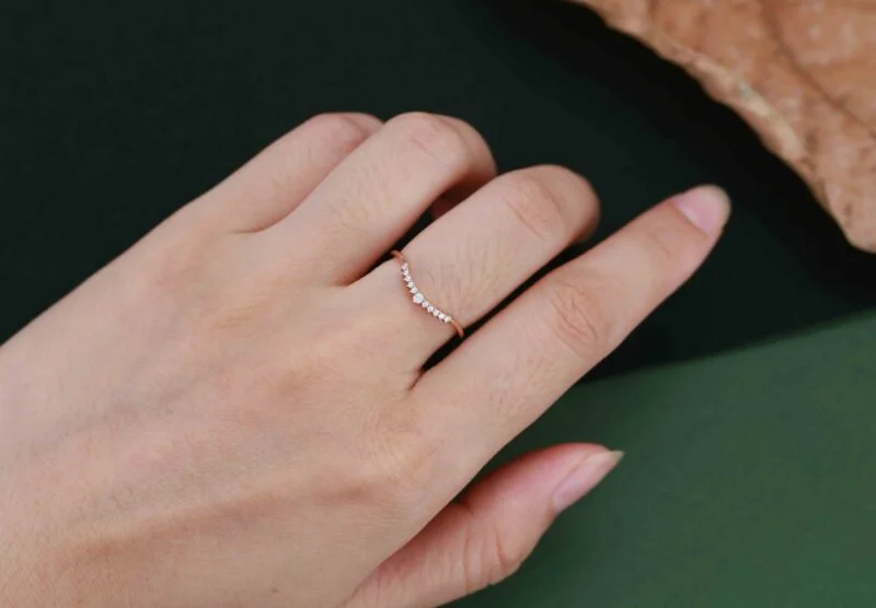 Unique Simple Diamond wedding band women Stacking ring Rose gold Curved wedding band Handmade Matching band custom Promise gift for her