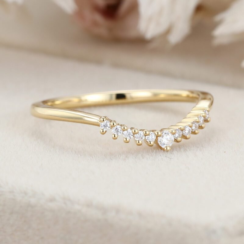 Unique Simple Diamond wedding ring Yellow gold Curved wedding band band women Stacking ring Handmade Matching band custom Promise gift