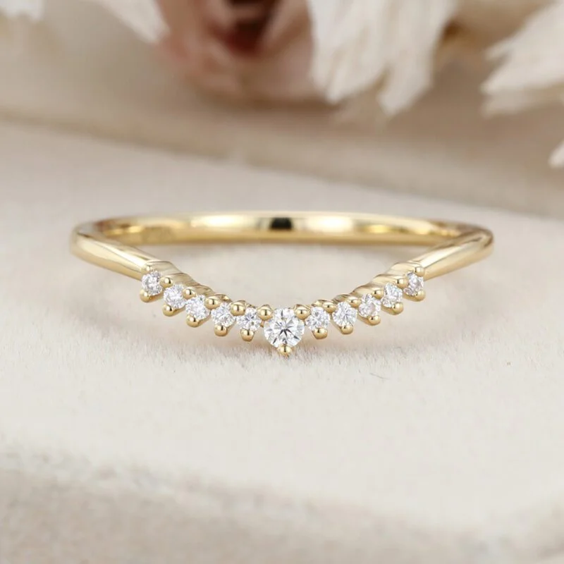 Unique Simple Diamond wedding ring Yellow gold Curved wedding band band women Stacking ring Handmade Matching band custom Promise gift