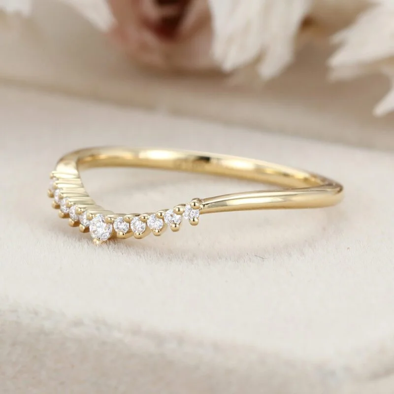 Unique Simple Diamond wedding ring Yellow gold Curved wedding band band women Stacking ring Handmade Matching band custom Promise gift