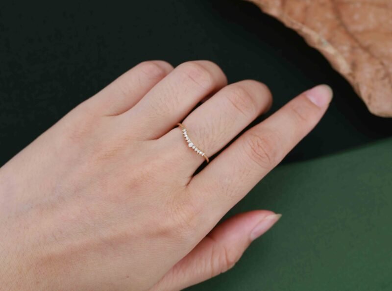 Unique Simple Diamond wedding ring Yellow gold Curved wedding band band women Stacking ring Handmade Matching band custom Promise gift