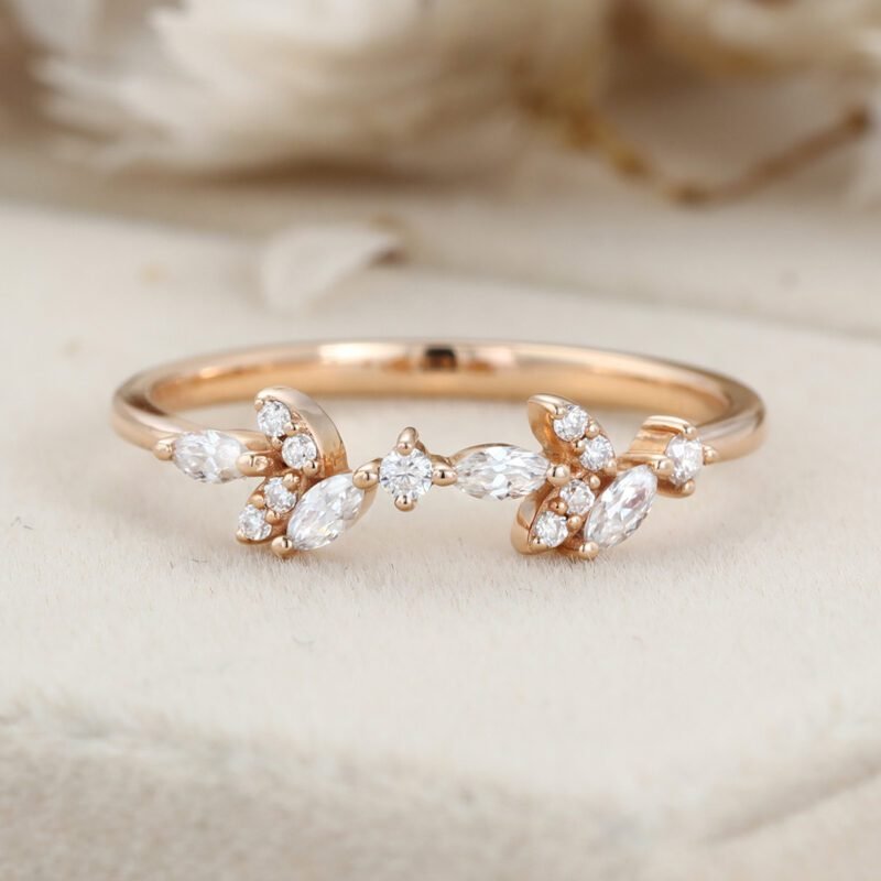 Unique Vintage Moissanite wedding band Marquise wedding band rose gold wedding band diamond ring stacking matching promise ring Anniversary