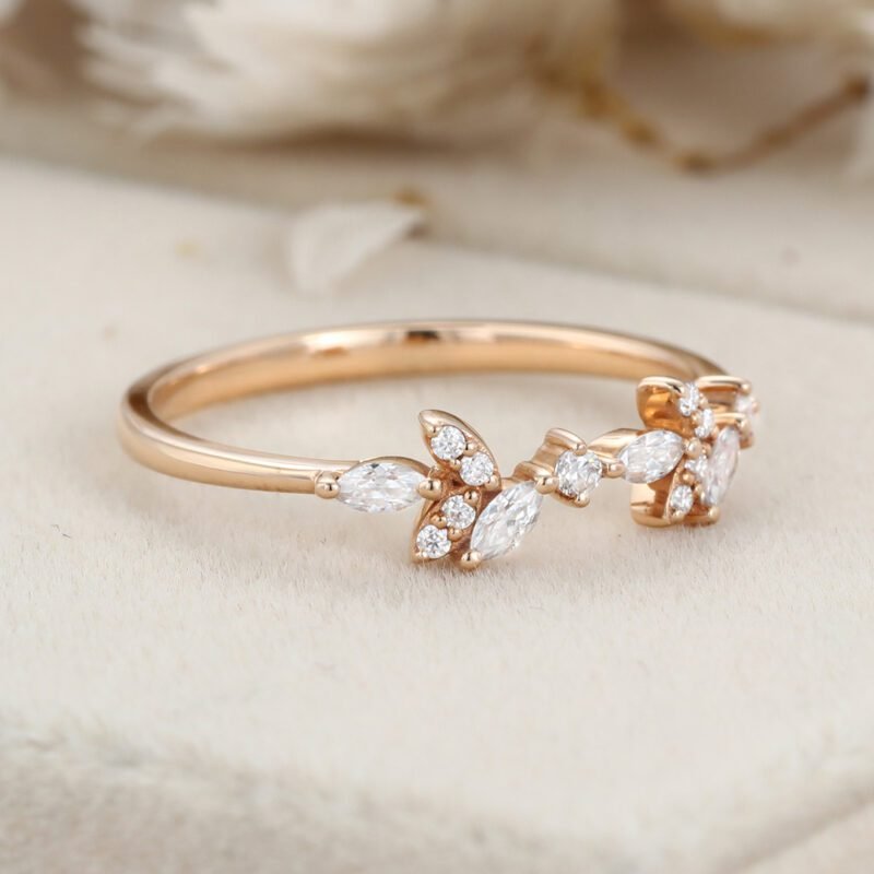 Unique Vintage Moissanite wedding band Marquise wedding band rose gold wedding band diamond ring stacking matching promise ring Anniversary