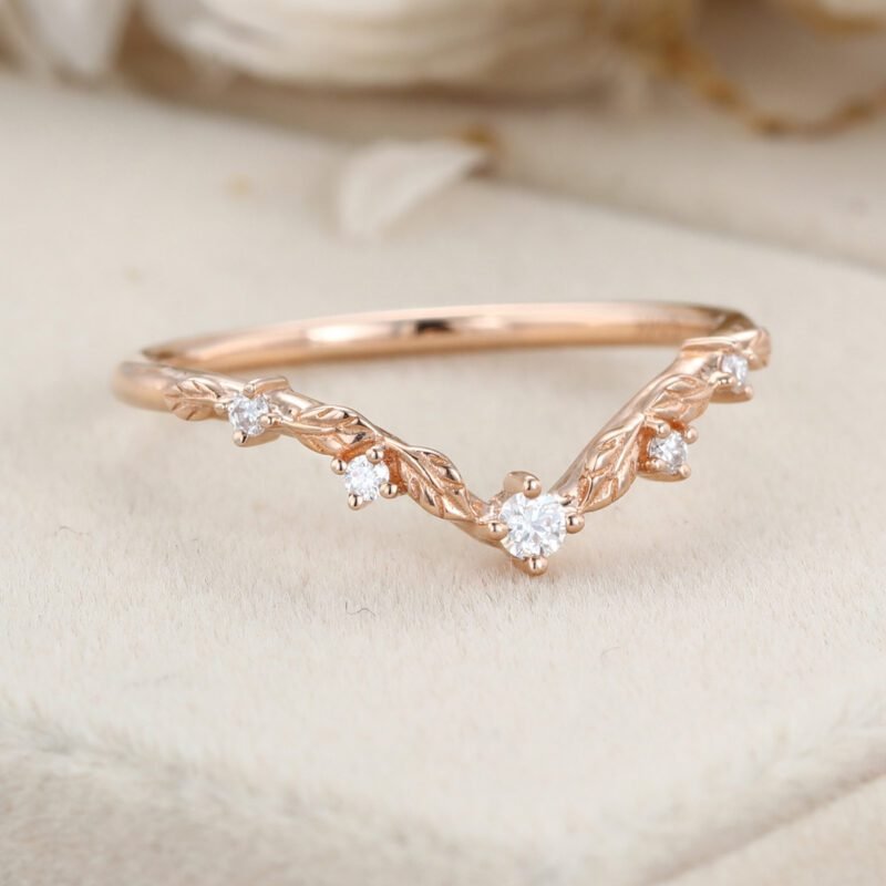 Unique Vintage Moissanite wedding ring Rose gold Diamond Curved wedding band Art deco Leaf Matching Stacking band Promise band for women