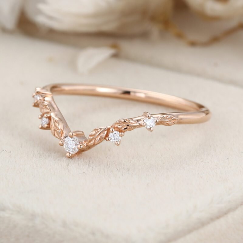 Unique Vintage Moissanite wedding ring Rose gold Diamond Curved wedding band Art deco Leaf Matching Stacking band Promise band for women
