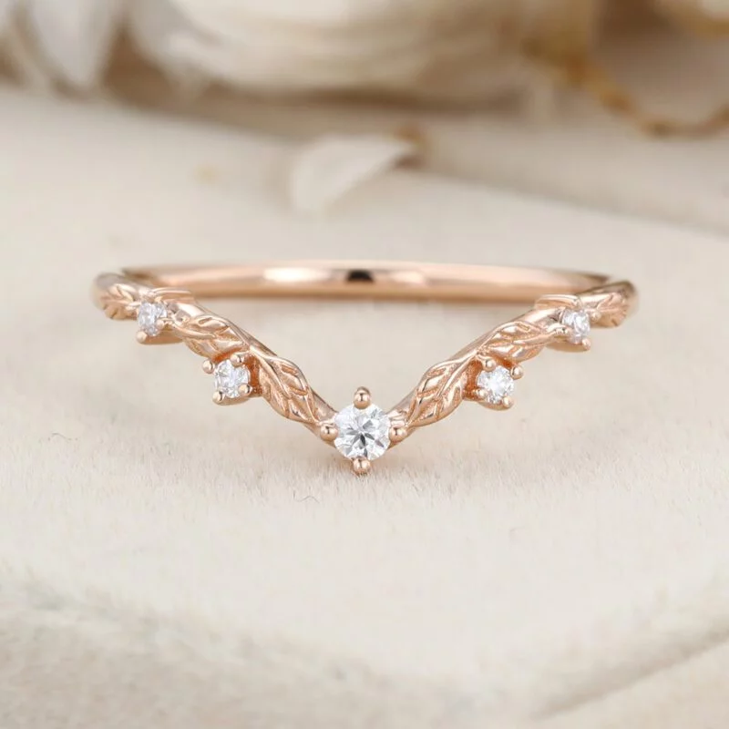 Unique Vintage Moissanite wedding ring Rose gold Diamond Curved wedding band Art deco Leaf Matching Stacking band Promise band for women