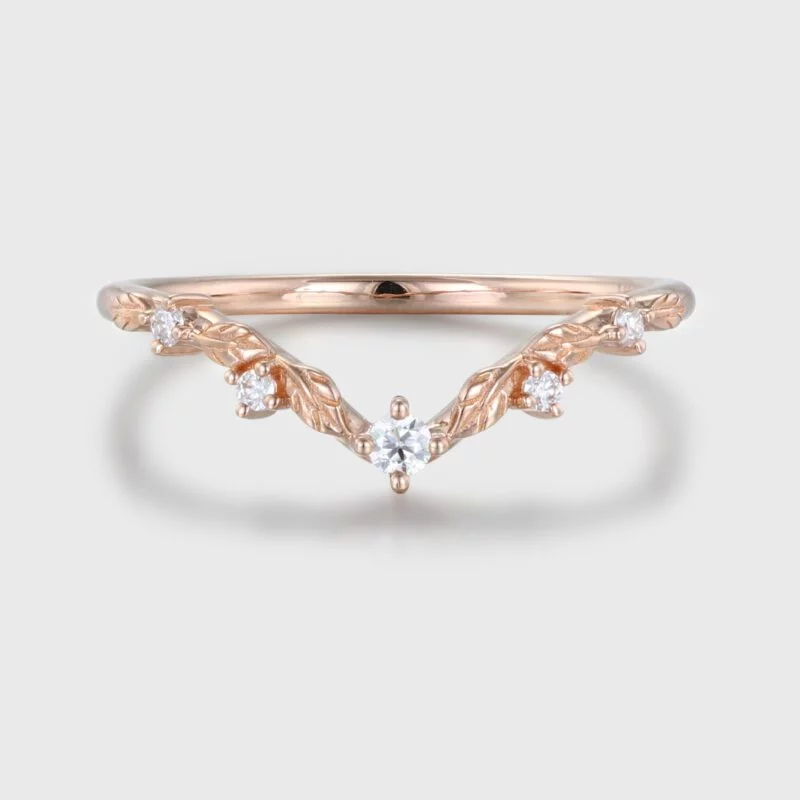 Unique Vintage Moissanite wedding ring Rose gold Diamond Curved wedding band Art deco Leaf Matching Stacking band Promise band for women