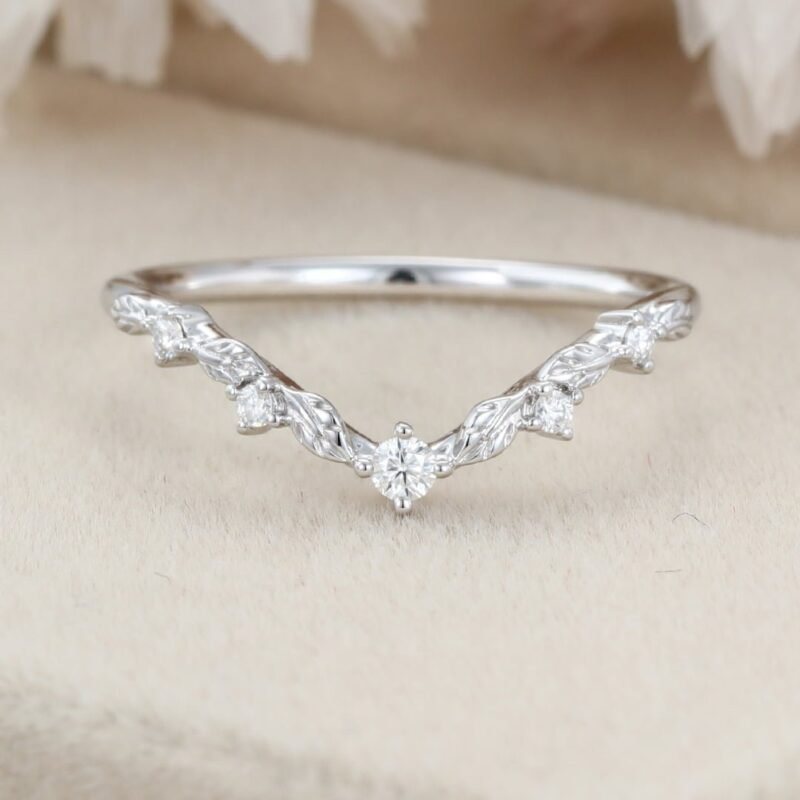 Unique Vintage Moissanite wedding ring White gold Diamond Curved wedding band Art deco Leaf Matching Stacking band Promise band for women