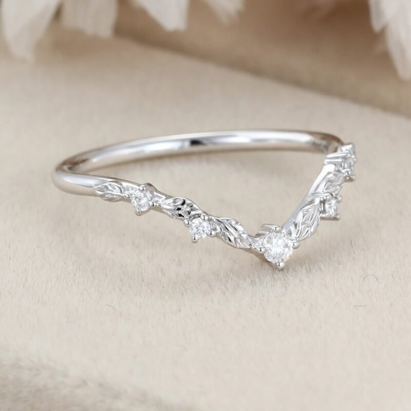 Unique Vintage Moissanite wedding ring White gold Diamond Curved wedding band Art deco Leaf Matching Stacking band Promise band for women