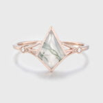 Unique 10x7mm Kite Cut Green Moss Agate Engagement Ring In 14k Rose Gold