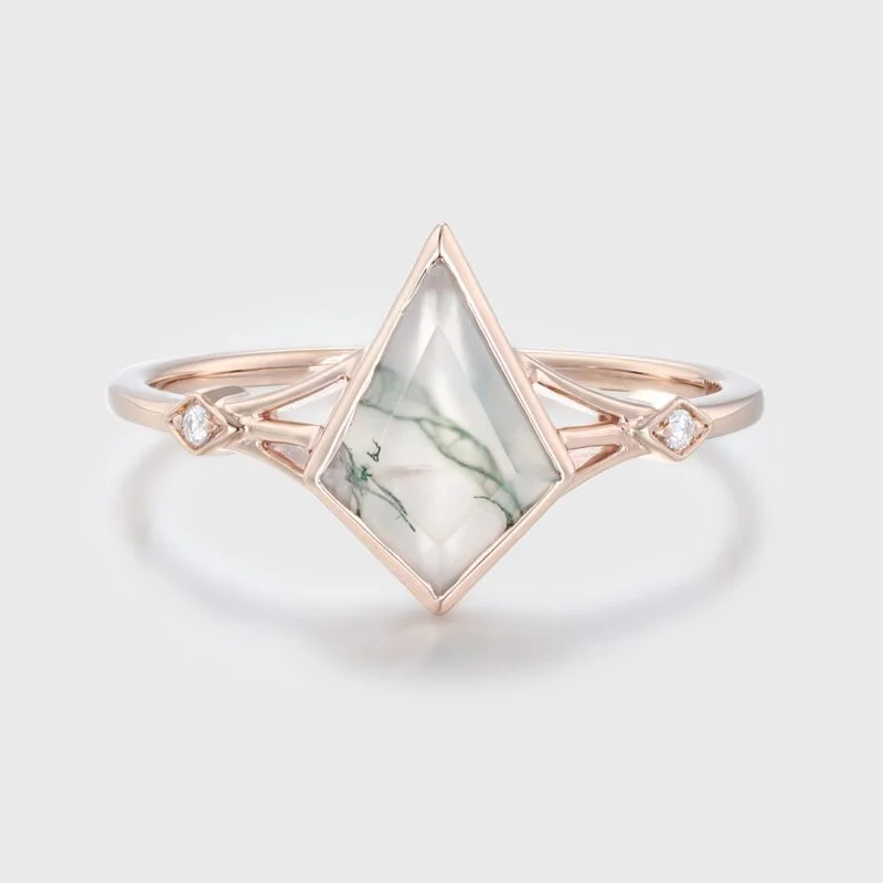 Unique  10x7mm Kite Cut Green Moss Agate Engagement Ring In 14k Rose Gold