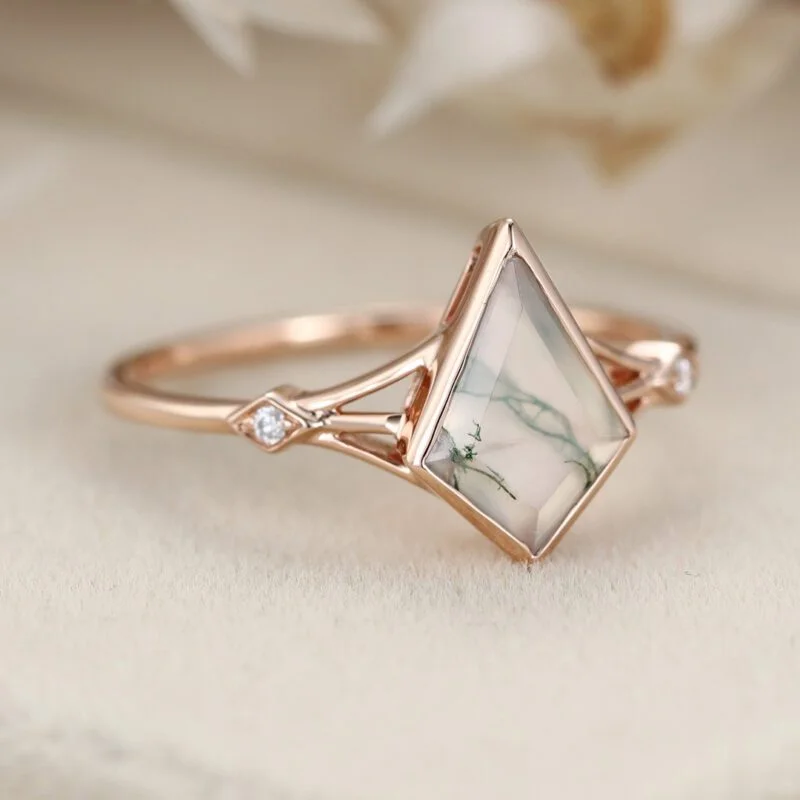 Unique kite cut green moss agate engagement ring14k rose gold engagement moissanite ring art deco diamond wedding band anniversary gift ring