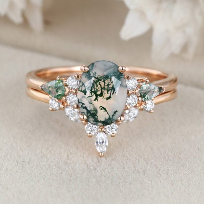 Unique oval moss agate engagement ring set vintage 18K yellow gold marquise moissanite diamond curved wedding band Promise Anniversary Gift