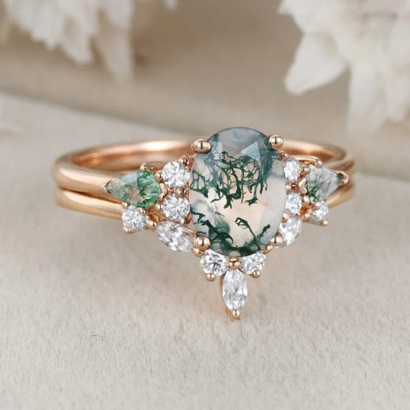 Unique oval moss agate engagement ring set vintage 18K yellow gold marquise moissanite diamond curved wedding band Promise Anniversary Gift