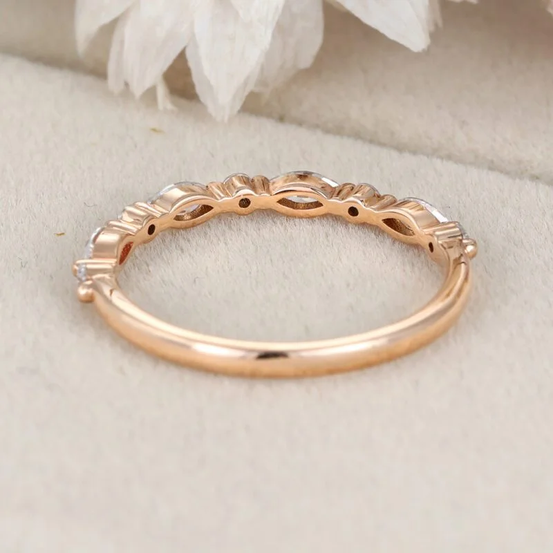 Unique wedding band marquise cut Natural Diamond Moissanite band Vintage Rose gold half eternity Bridal Matching Stacking band Anniversary