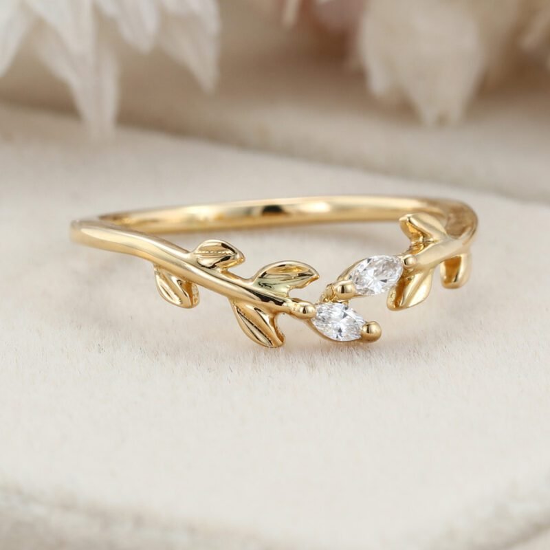Unique yellow Gold wedding band Open wedding band Art deco marquise Moissanite diamond leaf Wedding ring Vintage promise Anniversary gift