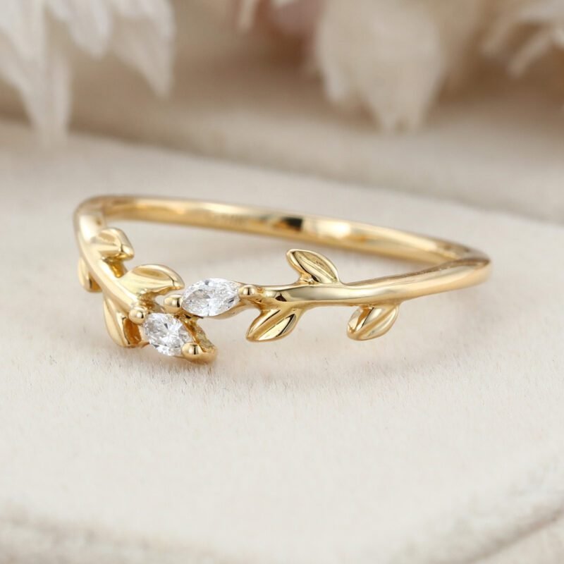 Unique yellow Gold wedding band Open wedding band Art deco marquise Moissanite diamond leaf Wedding ring Vintage promise Anniversary gift