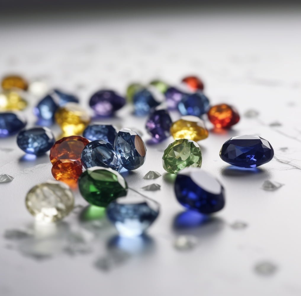 Various-colors-of-sapphires-are-scattered-on-the-white-table.