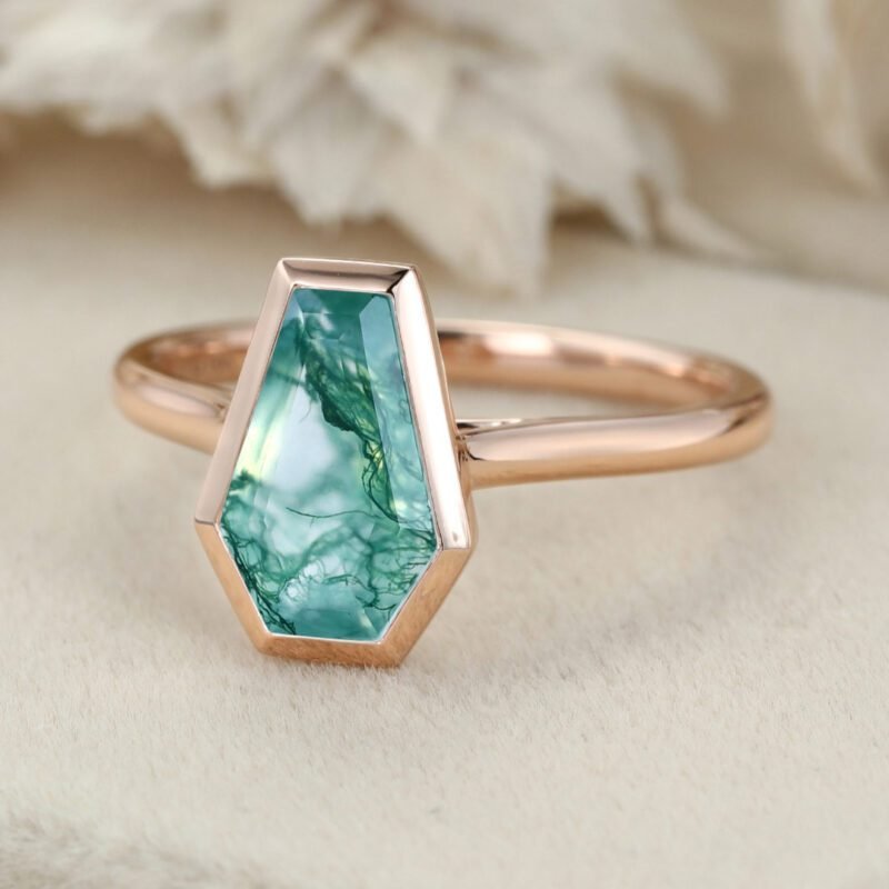 Vintage 14K Rose Gold Coffin Cut Moss Agate Ring Bezel Set Moss Agate Engagement Ring Solitaire Ring