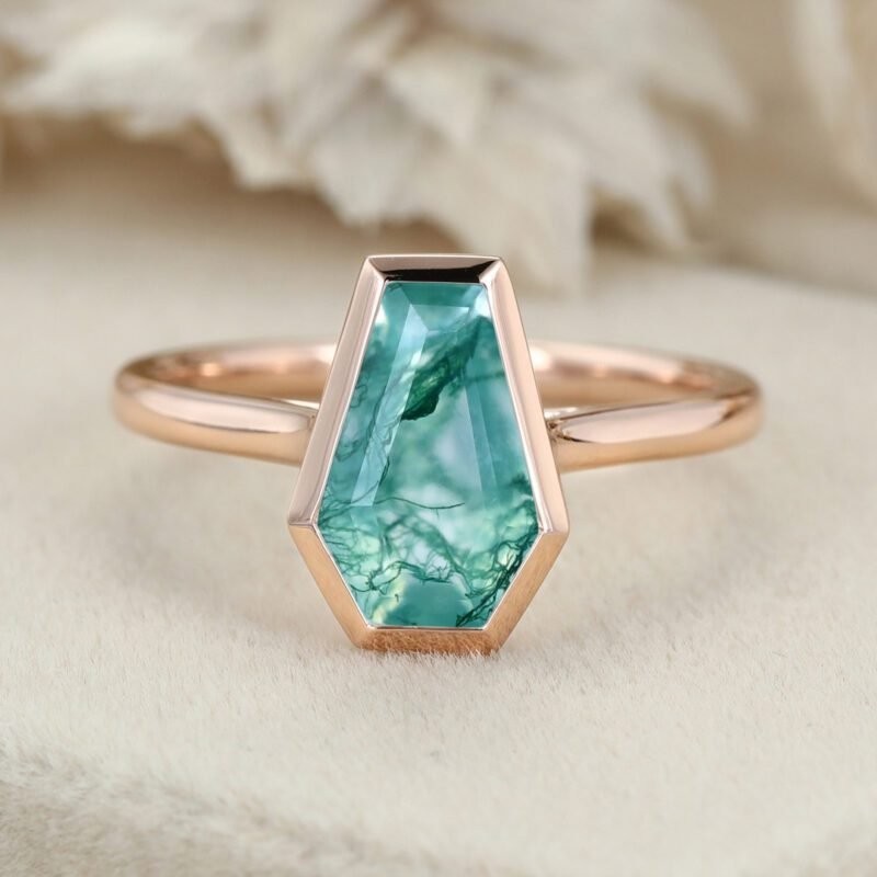 Vintage 14K Rose Gold Coffin Cut Moss Agate Ring Bezel Set Moss Agate Engagement Ring Solitaire Ring