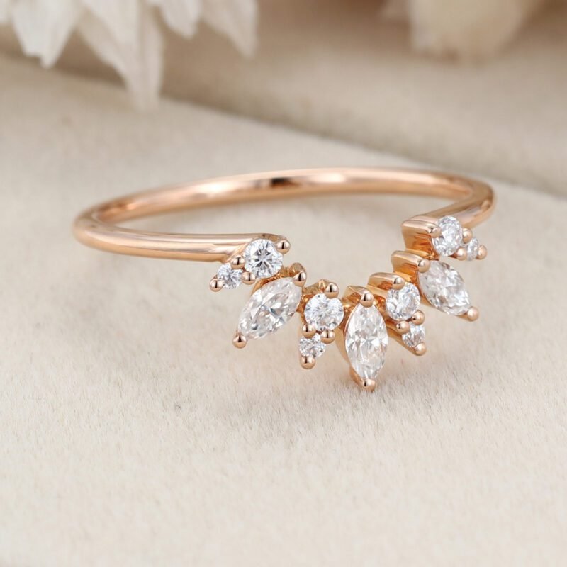 Vintage 14K Rose Gold Diamond Band Bridal Ring Marquise Unique Curved Wedding Ring