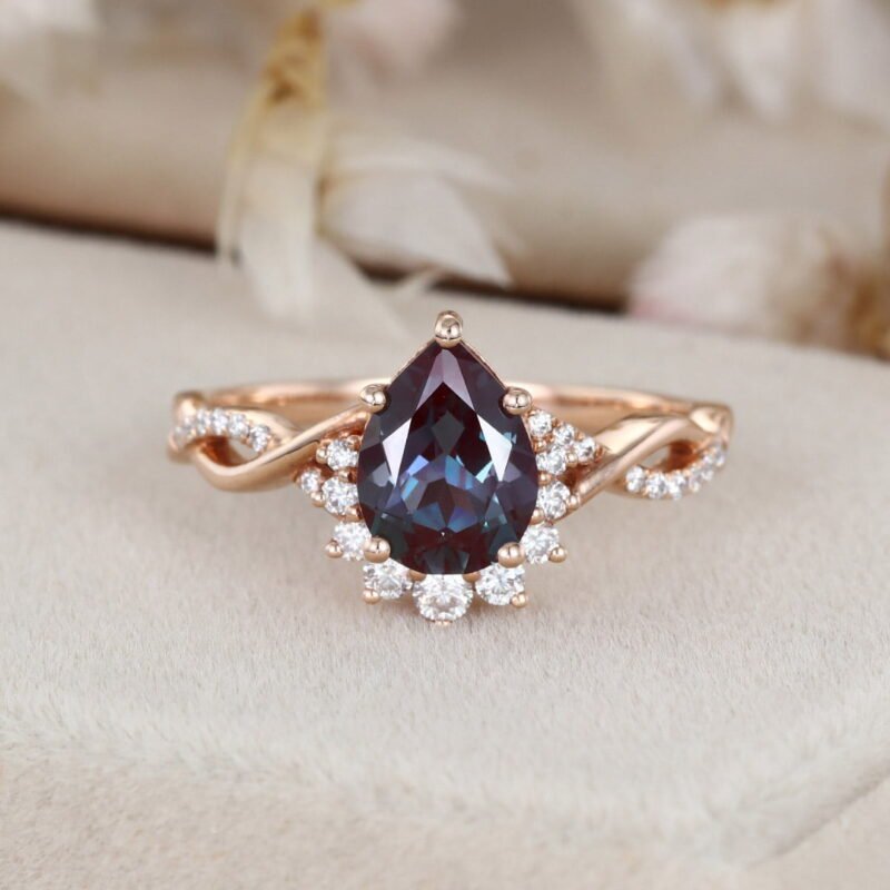 Vintage Alexandrite engagement ring Pear shaped engagement ring Rose gold engagement ring twist art deco wedding ring Bridal ring for women