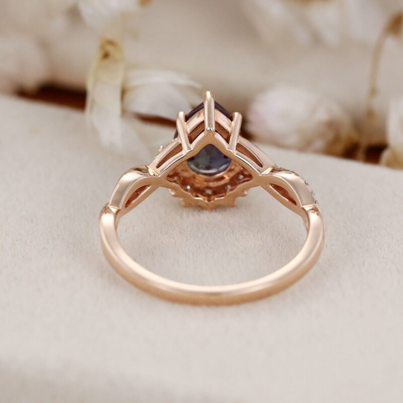 Vintage Alexandrite engagement ring Pear shaped engagement ring Rose gold engagement ring twist art deco wedding ring Bridal ring for women