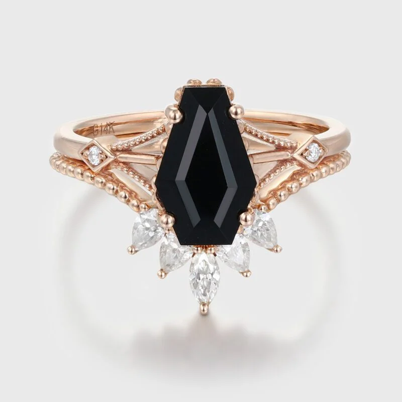 Vintage Coffin cut Black onyx engagement ring set unique diamond engagement ring Pear rose gold engagement ring bridal set anniversary gift