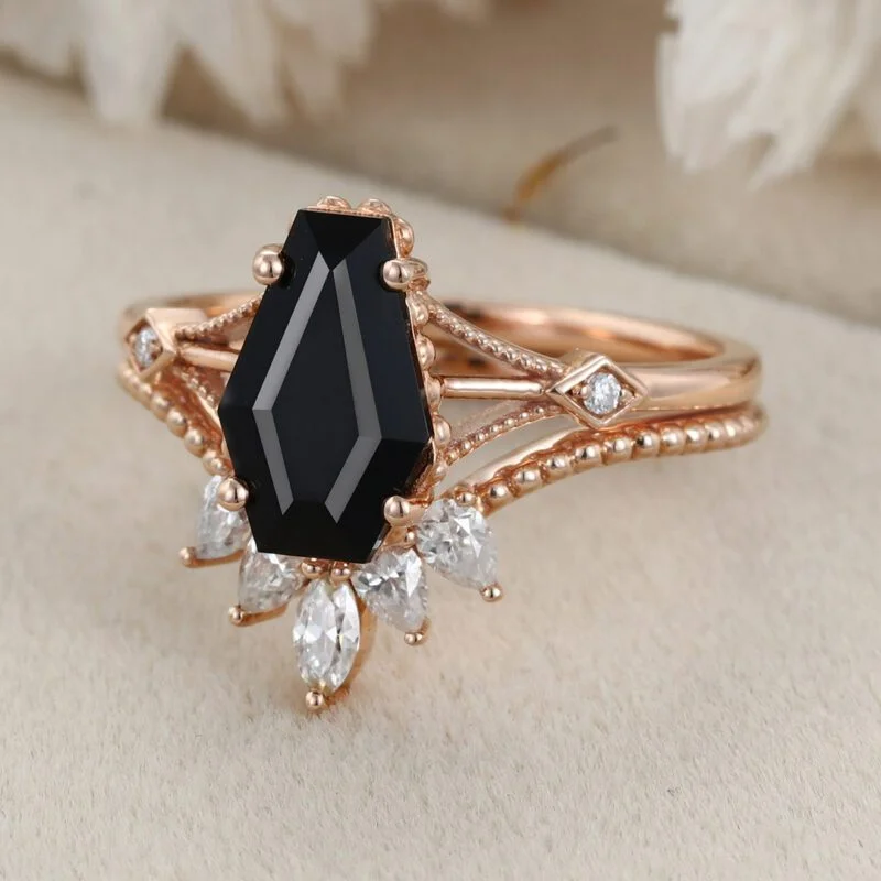 Vintage Coffin cut Black onyx engagement ring set unique diamond engagement ring Pear rose gold engagement ring bridal set anniversary gift