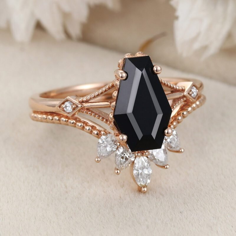 Vintage Coffin cut Black onyx engagement ring set unique diamond engagement ring Pear rose gold engagement ring bridal set anniversary gift