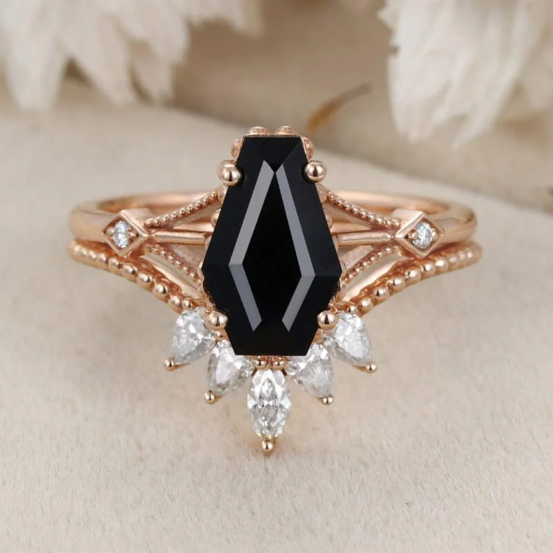 Vintage Coffin cut Black onyx engagement ring set unique diamond engagement ring Pear rose gold engagement ring bridal set anniversary gift