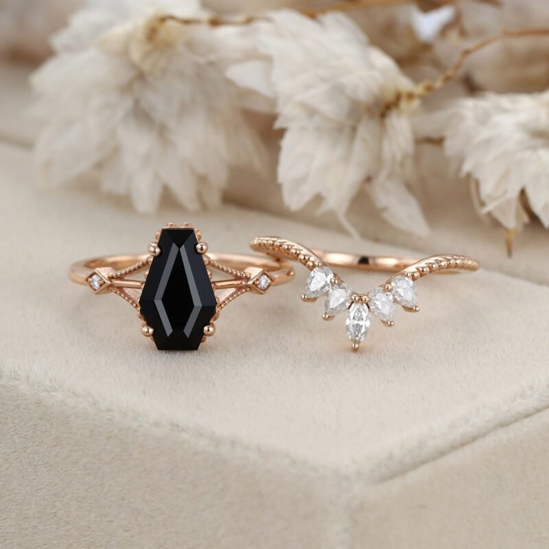 Vintage Coffin cut Black onyx engagement ring set unique diamond engagement ring Pear rose gold engagement ring bridal set anniversary gift