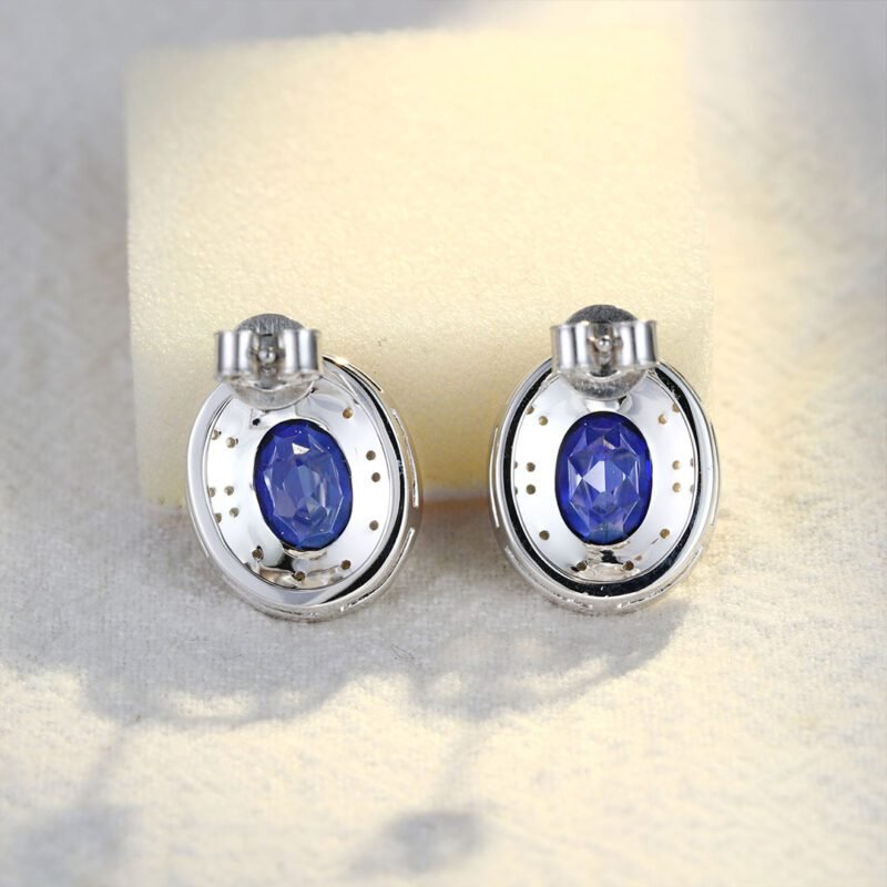 Vintage Design Oval Cut Lab-Grown Sapphire Earrings Unique Art Decorate 14K White Gold Earrings