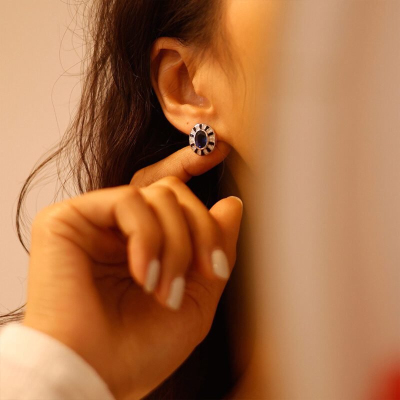 Vintage Design Oval Cut Lab-Grown Sapphire Earrings Unique Art Decorate 14K White Gold Earrings