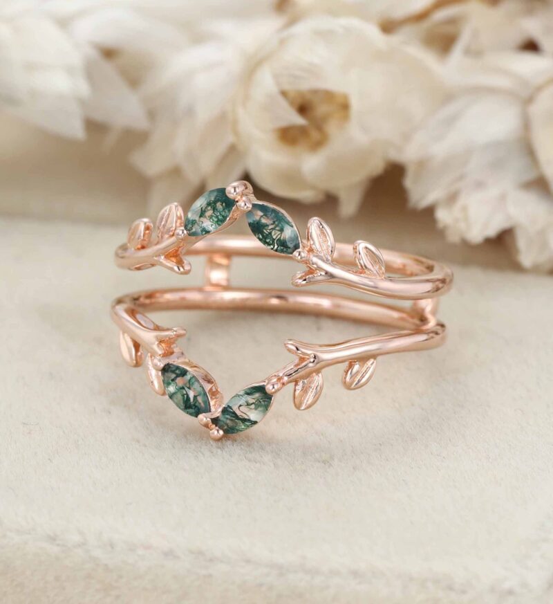 Vintage Double Curved Wedding Band Women Rose Gold Enhancer Ring Unique Marquise Moss Agate Matching Ring Jacket Antique Leaf Anniversary